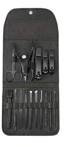 Kit Manicure e Pedicure Completo, 16 Peças, Preto, com Estojo de Couro