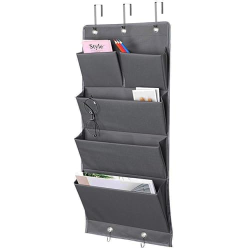 5 Pockets Over the Door Organizer and Storage Hanging with Hooks, Wall Mount Office Supplies File Folders Document Holder for Notebooks, Paper,Supplies, Closets, Families, Filing (Gray)