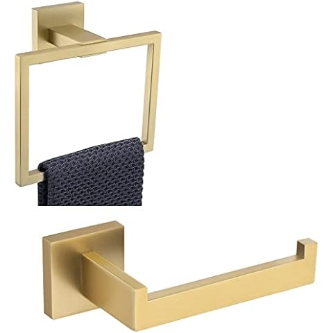 TQKAG Bathroom Square Towel Ring & Toilet Paper Holder Coat Robe Clothes for Kitchen Bath Stainless Steel Wall Mounted, Brushed Gold Cover