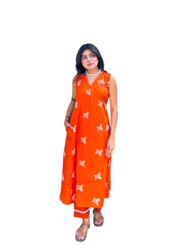 Image of MOKOSH Women's Cotton Embroidered & Hand Work Kurta Pant Set | Co-ords Set | Embroidery & Hand Work | Indian Kurta Outfit With Pant |2 Piece Outfit | V Neck Sleeveless