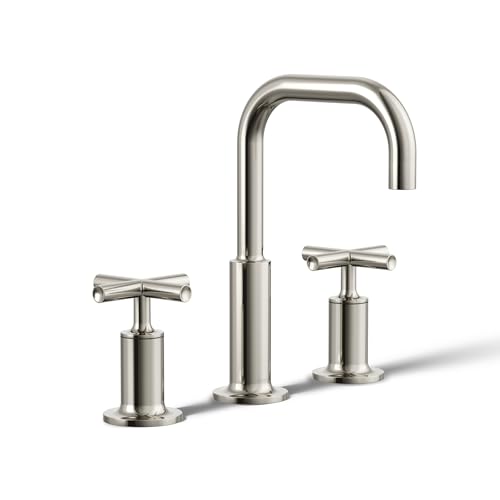 KOHLER K-14406-3-SN Purist® Widespread Bathroom Sink Faucet, Bathroom Faucets, 3-Hole with Low Cross Handles, 1.2 GPM, Vibrant Polished Nickel - image 1