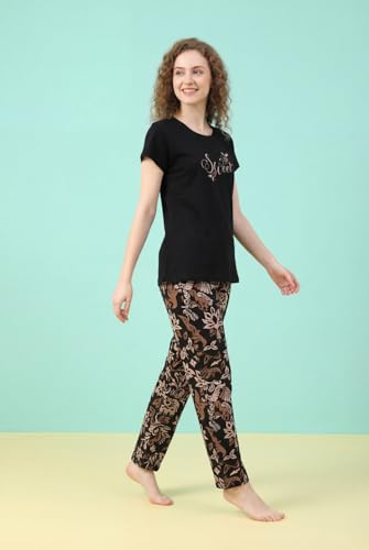 Image of Women's Pure Cotton Printed Night Suit | Sweet Graphic Top & Elephant Print Pyjama Set | Soft Round Neck Sleepwear