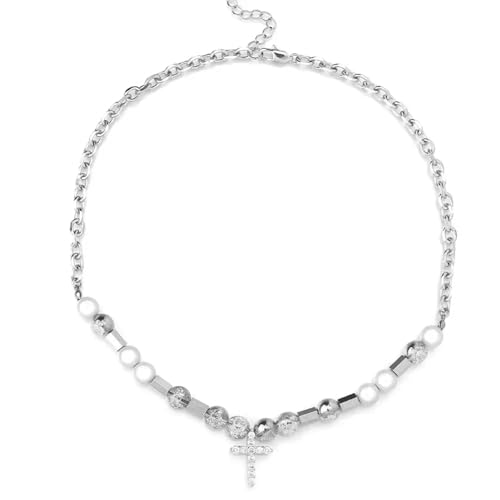Collier pendentif croix argent et perles d'imitation, le cadeau idéal mixte