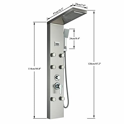 Columna de ducha con panel de masaje, sistema de ducha lluvia y cascada, acero inoxidable miniatura 6