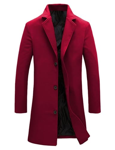 Springrain Mens Wool Blend Pea Coat Notched Collar Single Breasted Overcoat Warm Winter Trench Coat(Red-M)