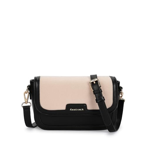 Image of Fastrack Sherpa-Panel Sling Bag for Women | Faux Leather Crossbody with Zipper Closure, Gold Hardware and Detachable Strap | Compact Textured Bag for Casual and Evening Outfits