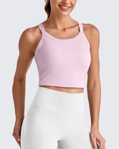 Image of G4Free Barefeel Cropped Workout Tops for Women Built in Bra Removable Padded Longline Sports Bras Racerback Yoga Tops