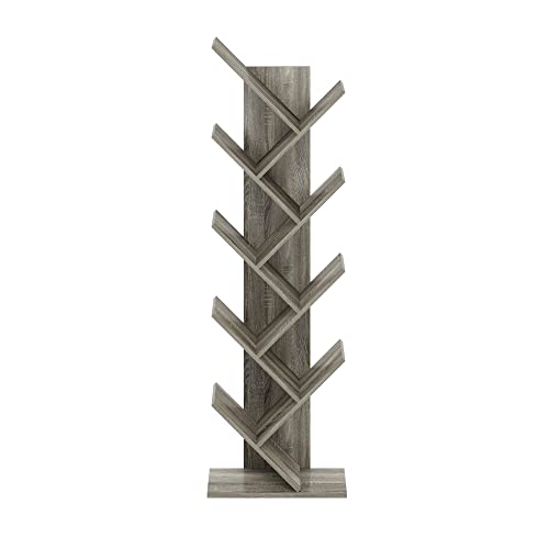 Image of Furinno TREE Book Shelf, 9-Tier Bookshelf, Tree Bookcase with Angled Open Shelf, 8.4 x 15.7 x 50.9, Corner Shelf for Room Decor, for Living Room, Bedroom, Home Office, French Oak