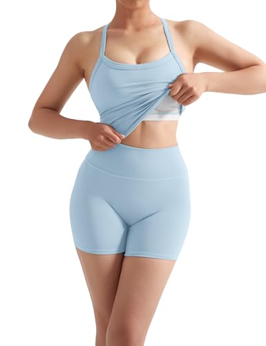 Image of SUUKSESS Women 2 Piece Workout Sets High Waisted Tummy Control Biker Shorts Halter Padded Tank Tops
