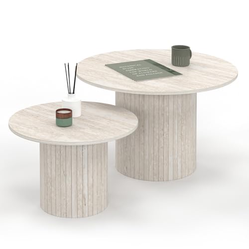 IDMarket - Lot de 2 Tables Basses gigognes Juliette Rondes 50/70 Effet Lattes travertin