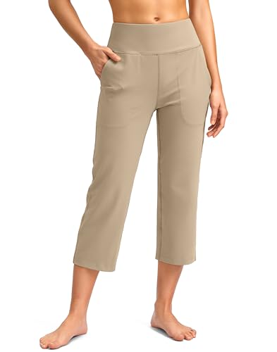 SANTINY Capri Pants for Women High Waisted Workout Yoga Capris Leggings Straight Leg Athletic Cropped Pants with Pockets (Khaki_XL)