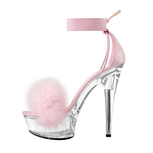Strap Up Furry Platform Heels for Women Clear Dancing High Heels Stiletto Lace Up Heeled Sandals Pink Party Clubbing Heels Sandles Size 9