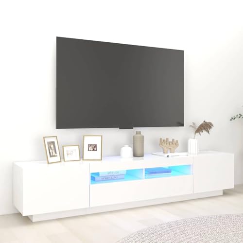Meuble TV Blanc Moderne avec Éclairage LED RGB, Meuble Télévision 200 cm pour Salon et Salle de Jeux, Rangement Multimédia avec Port USB, Assemblage Requis