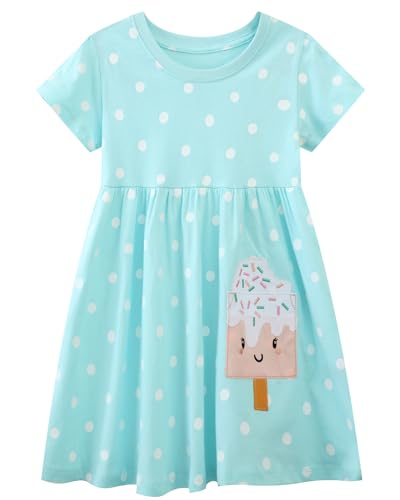 Funnymore Toddler Little Girls Cotton Casual Dress Short Sleeve Summer Spring Outfits Playwear Tunic Shirt Clothes Dresses Blue Ice Cream 4T