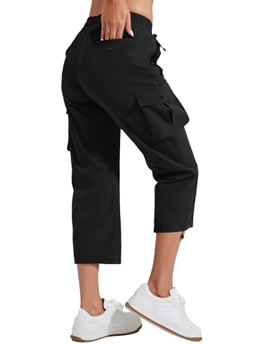 Pioneer Camp Caprihose Damen 3/4 Sommerhose Leicht Casual Wanderhose Comfy Elastischer Bund Outdoor Hosen mit 6 Taschen Schwarz L