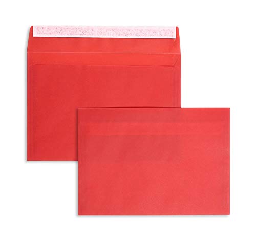 100 Stück, Farbige Transparente Briefumschläge, DIN C5, Haftklebung mit Abziehstreifen, Gerade Klappe, 92 g/qm Offset, Ohne Fenster, Rot (Transparent-Intensivrot), Blanke Briefhüllen