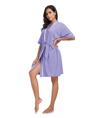 Image of ANLIQI Womens 100% Cotton Robes Lightweight Summer Short Sleeve Lady Bathrobe Knee Length Kimono Robe Sleepwear with Pockets