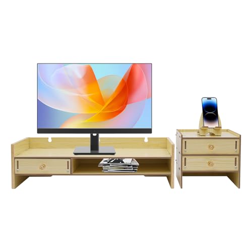 Soporte para monitor de madera, elevador de pantalla multifuncional, organizador de escritorio de oficina, soporte ergonómico para monitor con cajones y armario de almacenamiento lateral y soporte