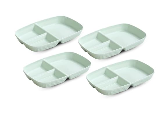 Japanese Style Wheat Straw Dinner Plates, Stylish Stripe Design, Divided 3-Compartment Rectangular Serving Dishes – Microwave & Dishwasher Safe Tableware for Dinner, Snacks & Parties