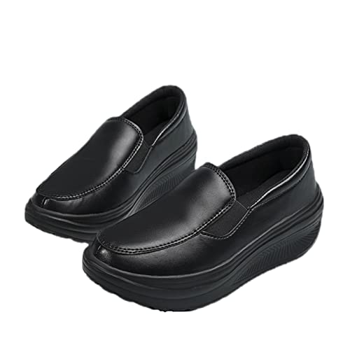 Image of Women's Platform Wedge Slip-On Loafers,Comfortable EVA Sole Round Toe Leather Moccasin Wedge Sneakers.