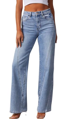 loveimgs Women Casual Denim Jeans Pants Stretch Wide Leg Jeans Bootcut Patchwork High Waisted Flare Jeans