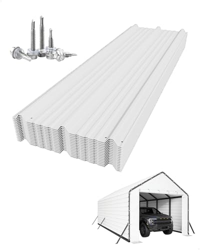 Image of GarveeLife Ribbed Metal Roofing Panels, 140 ft, 64.2'' L x 19.7'' W, 29 Ga. Galvanized Steel Ribbed Panels for Gazebos, Carports, Garages, Chicken Coops, Storage Sheds, and Stables, 16 Pcs, White