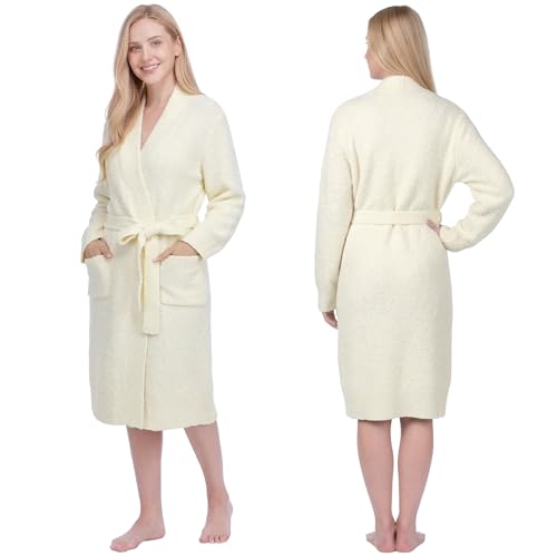 Image of PAVILIA Premium Plush Robe for Women, Soft Cozy Fuzzy Bathrobe with Pockets, Warm Mid-Length Lounge Robe with Tie Belt