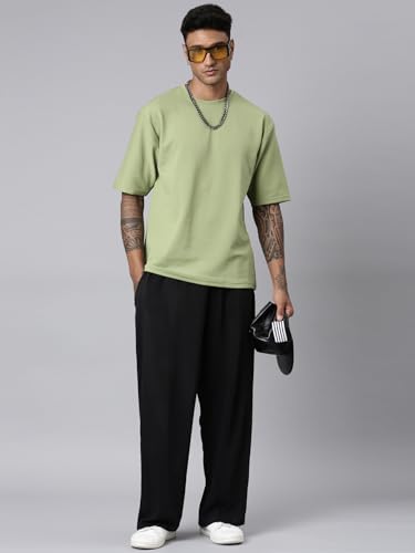 Image of Men's Stylish Round Neck Textured 3 /4th Sleeve Oversized T-Shirt (Pista Green)