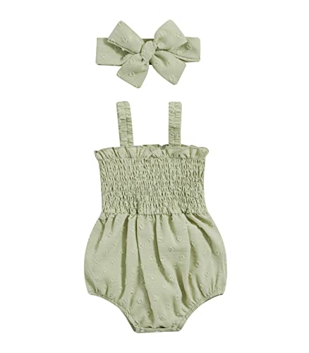 Image of Baby Girls Daisy Playsuits Bodysuit+Headband Print Halter Romper Floral Jumpsuit Infant Summer Clothes (Green-Dots, 0-6 Months)