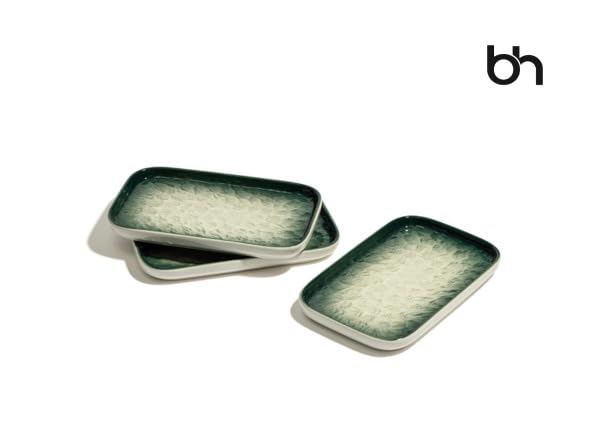 Image of Beyond Homes Ceramic Serving Tray Set of 3 | 8 Inch Rectangular Serving Plates | Premium Ceramic Platters for Sushi Dimsum Momos Snacks Starters & Appetizers | Microwave & Dishwasher Safe, Green