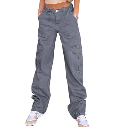 WZIKAI Cargo Pants for Women High Waisted Casual Pants Baggy Wide Leg Trousers Y2K Streetwear with 6 Pockets Gray XL