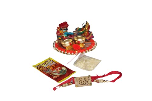 G-MART Designer Rakhi For Brother With Decorative Handmade Thali Roli And Chawal Combo Set