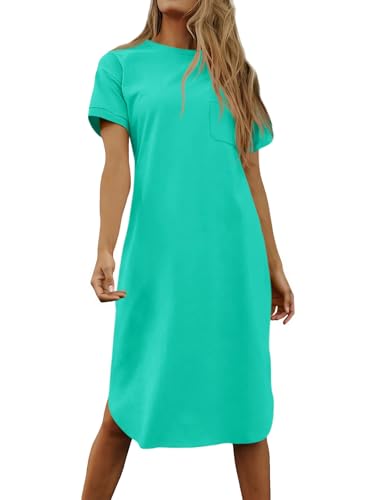 Image of Dyexces Summer Dress for Women Crew Neck Short Sleeve Solid Basic T-Shirts Casual Midi Dresses with Pocket