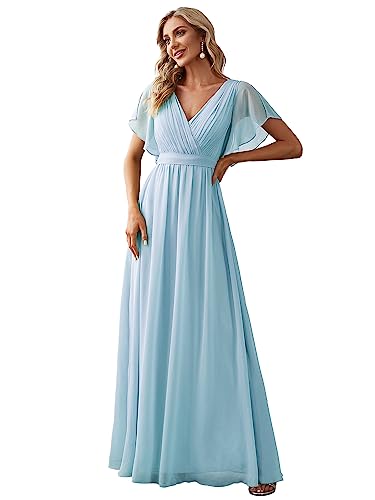 Ever-Pretty Robe Demoiselle d'honneur Femme Longue Col V Mousseline A Line Manches Courtes Plissé Chic Bleu Ciel 36