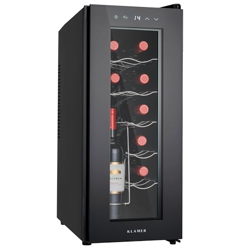 KLAMER Weinkühlschrank 12 Flaschen, Getränkekühlschrank 34 L, 5–18°C Präzisionskühlung, Thermoelektrisch, UV-Schutz Glastür, Touch Display, Weinkühler leise 37 dB