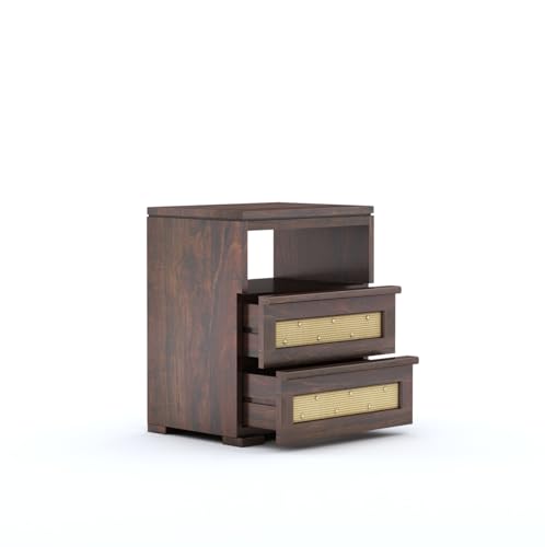 Image of Sheesham Wood Bedside Table with 2 Rattan Cane Drawer and Shelf Storage Nightstand | Multipurpose Wooden Sofa Side End Table Furniture for Bedroom, Living Room, Home, and Hotel (Walnut Finish)