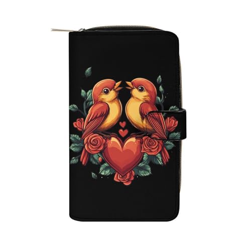 Valentine's Day Love Birds Long Wallet PU Leather Credit Card Holder Durable Zippered Purse Clutch Wallet