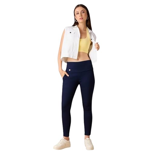 Image of 4FLIES Women's High Waist Slim Fit Jeggings | Super Combed Denim Stretch Ankle-Length Pants with Wide Waistband | Comfortable, Breathable Denim Look Leggings for Casual, & Office Wear