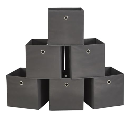 Webeasy Square Canvas Fabric Storage Box, Pack of 6 Eyelet Cube Foldable Open Bins for Home Office Nursery Organisation,Grey,28X28X28(CM)