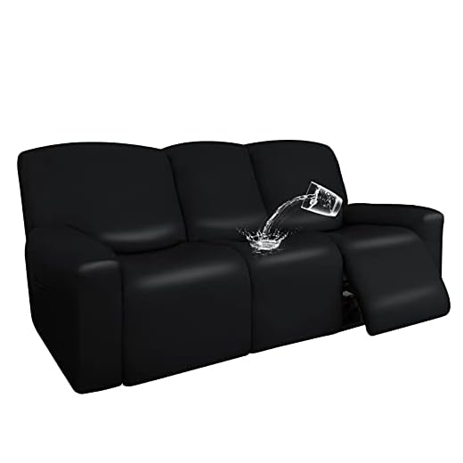 Easy-Going PU Leather Recliner Sofa Slipcovers, Waterproof Stretch Sofa Covers, 8 Pieces Stretch Furniture Protector, Elastic Strap Shield Pets Kids Children Cats Dogs Black