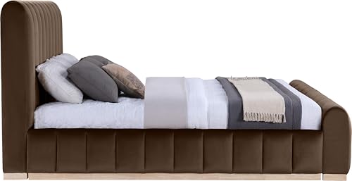 Image of Meridian Furniture AmaraBrown-K Collection Modern | Contemporary King Bed, Ultra Luxe Brown 460 GSM Velvet, Natural Finish, Solid Wood Base and Inner Frame, 82.5 inch W x 99 inch D x 51 inch H, Brown, King