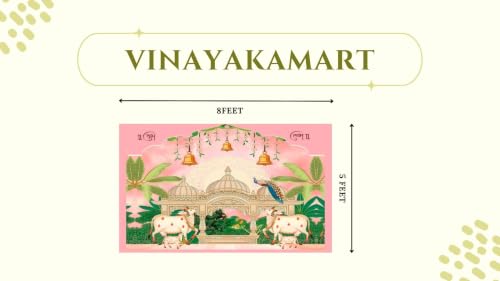 Image of backdrops for Pooja Decoration | Shubh Labh Pichwai Peacock & Temple Backdrop Cloth 5x8 Feet | Lakshmi Devi Backdrop Cloth for Decoration