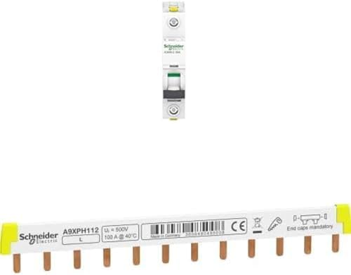 Bundle aus Schneider Electric pbt-dit 21 A9F03102 Leitungsschutzschalter iC60N, 1P, 2A, B Charakteristik + Schneider Electric A9XPH112 Phasenschiene Steg, ablängbar, 1P, 12 TE, 100A