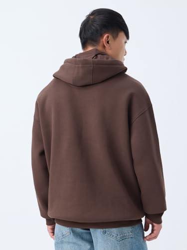 Image of The Souled Store Ninja Cops: Brownstone Men and Boys Full Sleeves Hooded Neck Brown Solid Cotton Blend Oversized Fit Heavy Fleece Streetwear Winter Wear Pullover Hoodie