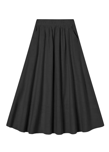 SANGTREE Women's Cotton Linen Midi Skirt with Pockets Casual Flowy Swing Elastic High Waist A-Line Long Boho Skirts
