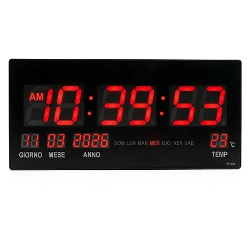 YASTA Orologio Digitale LED da Parete - Display Rosso Alta Visibilità con Datario, Termostato e Calendario Settimanale - Design Slim Nero per Ufficio, Casa, Palestra, Banca e Attività Commerciali