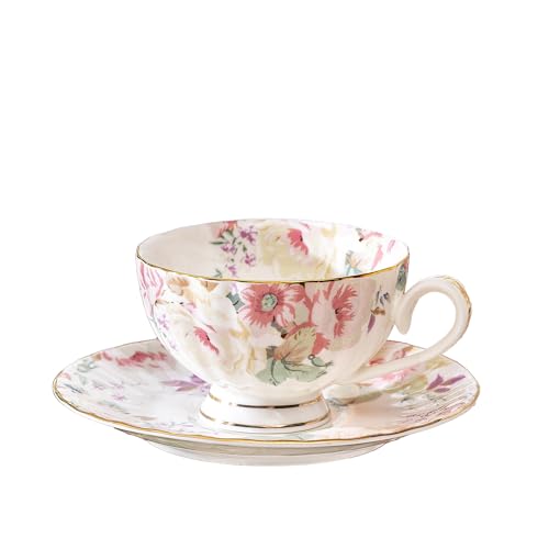 fanquare Tasse à thé et soucoupe à fleurs roses Ensemble vintage en porcelaine fine Tasse à café expresso cappuccino et assiette avec cuillère Cadeaux pour une fête l'après-midi