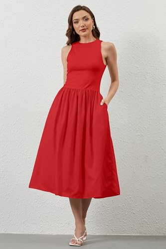 Image of TERIVEEK Women Summer Sleeveless Midi Dress Casual High Neck Patchwork Tank Sundress Flowy Boho A Line Dress with Pockets Red