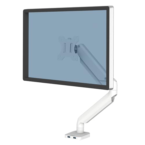 Fellowes Monitor Halterung für 1 Bildschirm bis 32 Zoll (81,28 cm) - Platinum Series Monitor Arm mit Gasfeder, USB Ports - Befestigung mit Klemme oder Kabeldurchlass - Farbe: Weiss