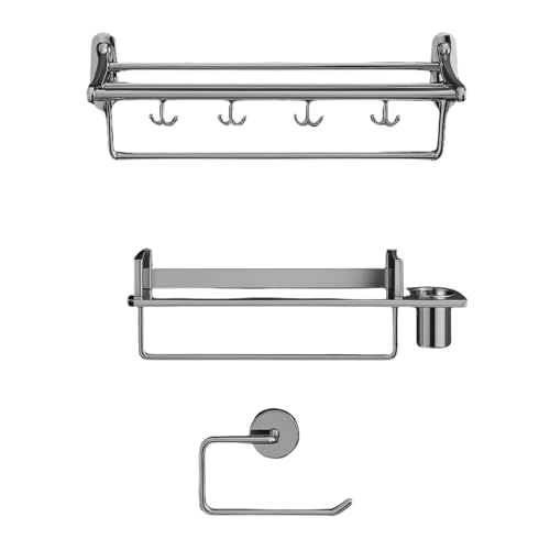 Image of ZAP Stainless Steel Deluxe Bathroom Combo of 3 Set Folding Towel Rack / 3 in1 Multi Bathroom Shelf /Napkin Ring